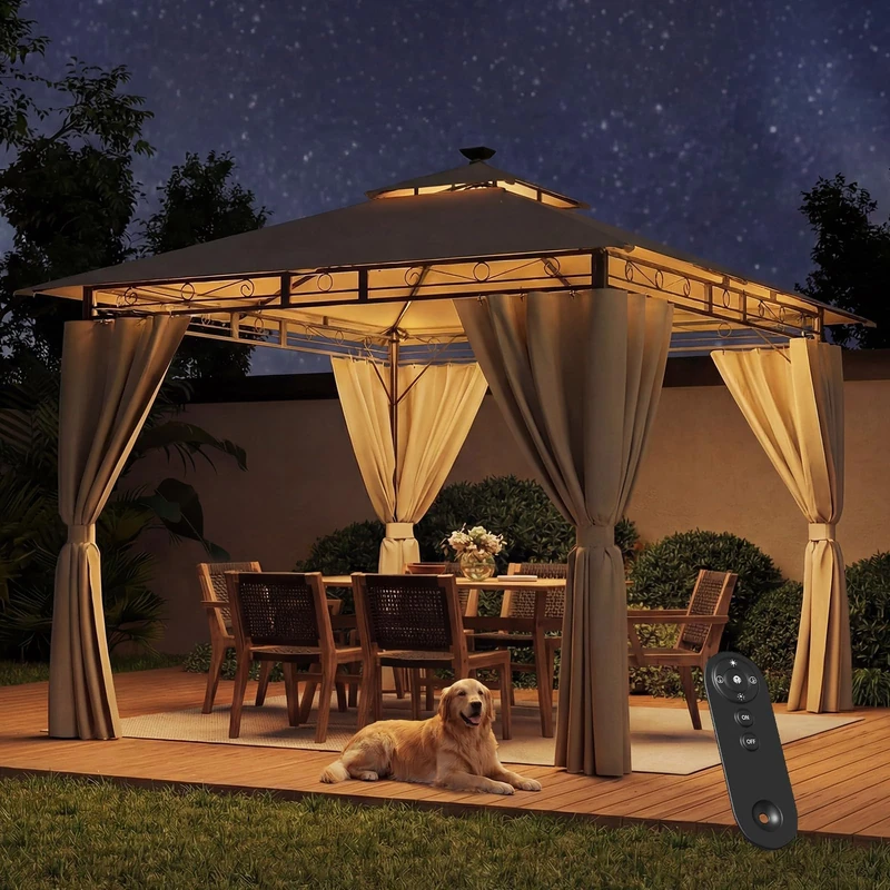 JUMMICO Heavy Duty Gazebo 3x3m with Sides & Lights, Steel Frame, Waterproof & UV50+ Canopy, Windproof Pergola for Garden, Patio, Party – Beige