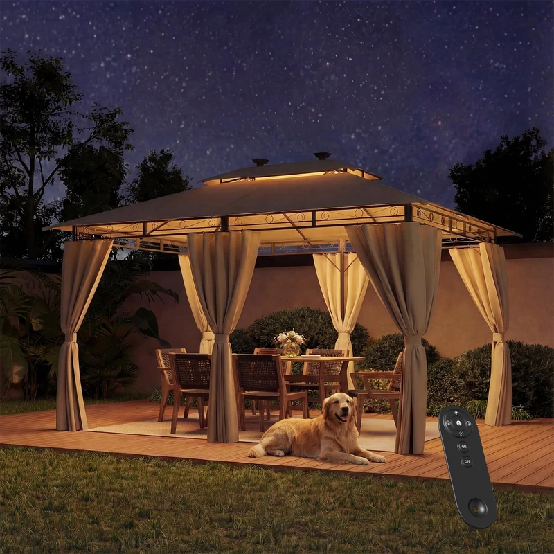 JUMMICO Heavy Duty Gazebo 3x4m with Sides & Lights, Steel Frame, Waterproof & UV50+ Canopy, Windproof Pergola for Garden, Patio, Party – Beige