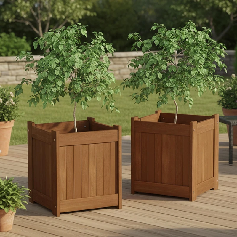 Furinno TIOMAN Planter Box Set of 2, Hardwood Flower Box, Cube Garden Box, in Teak Oil, Outdoor Indoor, Garden, Patio, Balcony, Light Wood - Image 1