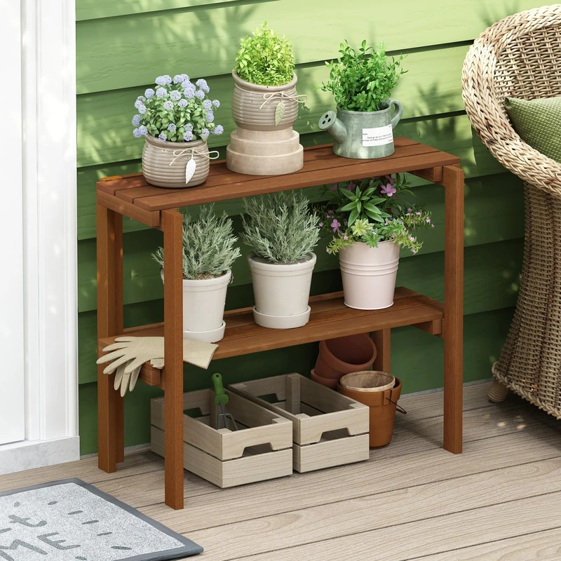 Furinno TIOMAN Plant Shelf, 2-Tier Plant Stand, Display Shelf, for Multiple Plants, Plants Pot, Easy Toolless Assembly, Patio, Balcony, Garden, Light Wood