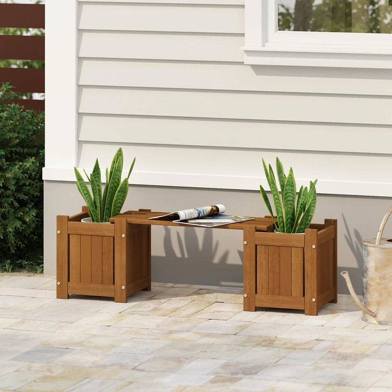 Furinno TIOMAN Mini Planter Box with Bench, Hardwood Flower Box with Seat, Cube Garden, in Teak Oil, Outdoor Indoor, Garden, Patio, Balcony, Light Wood