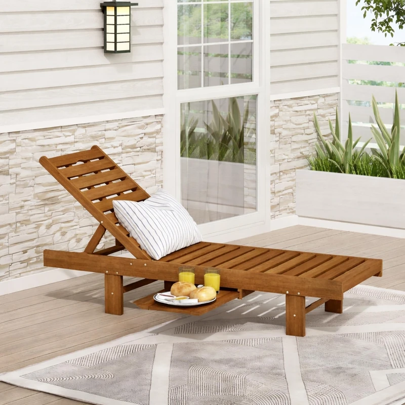Furinno TIOMAN Outdoor Lounger, Malo Sun Lounge Chair with Tray, for Patio, Garden, Porch, Light Wood