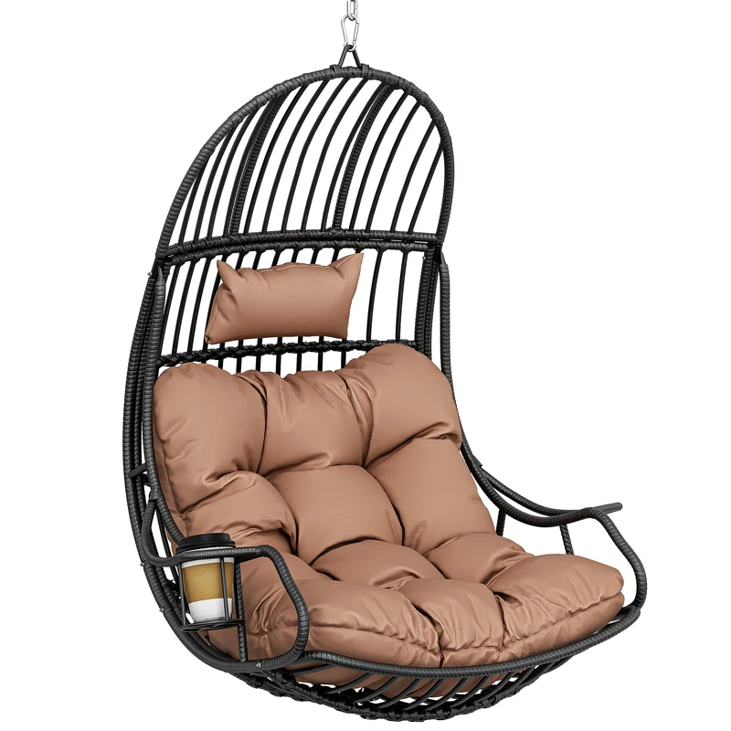 YITAHOME Hanging Egg Swing Chair Max. load 150 kg Rattan Egg Chair Indoor Outdoor Hammock Egg Chair with Cushions & Cup Holder for Patio, Bedroom, Garden and Balcony, Brown