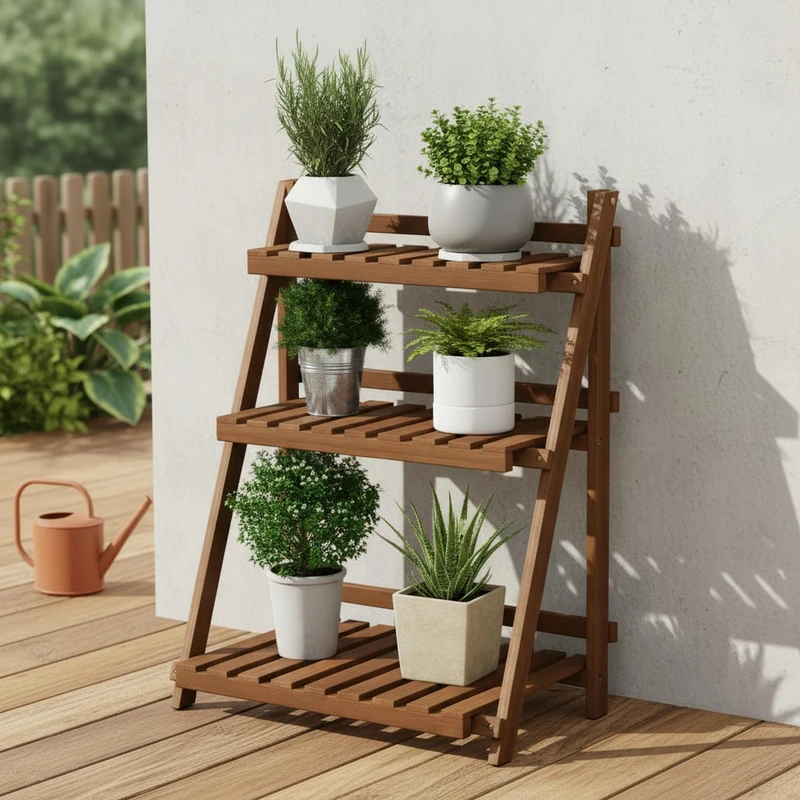 Furinno TIOMAN Plant Stand Outdoor, 3-Tier Ladder Plant Shelf, Tiered Plant Stand Indoor, Outdoor, Patio, Garden, Balcony, Light Wood