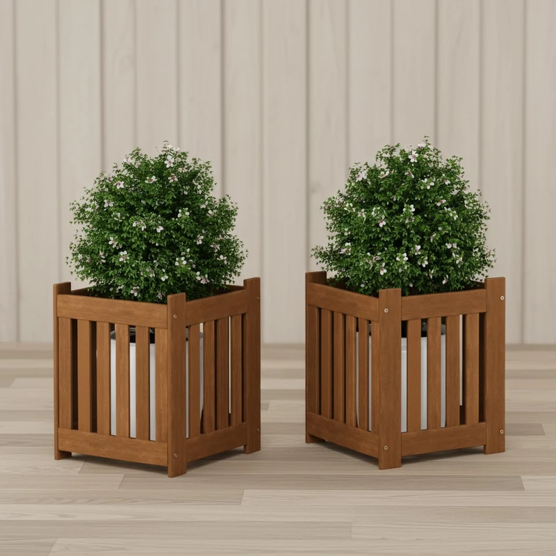 Furinno TIOMAN Planter Box Set of 2, Hardwood Flower Box, Cube Garden Box, in Teak Oil, Outdoor Indoor, Garden, Patio, Balcony, Light Wood