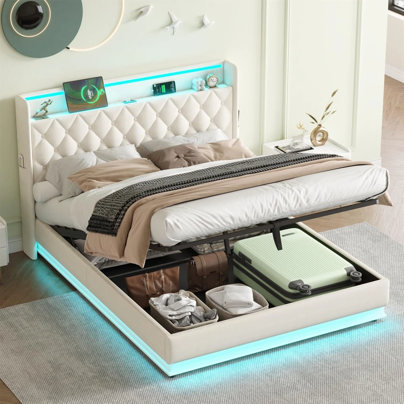 Ball & Cast 4ft6 Double Upholstered Bed Frame with Hydraulic Storage, Linen Ottoman Bed with LED Lighting and Charging Station, LED Button Tufted Headboard with USB and Type - C Ports, Beige