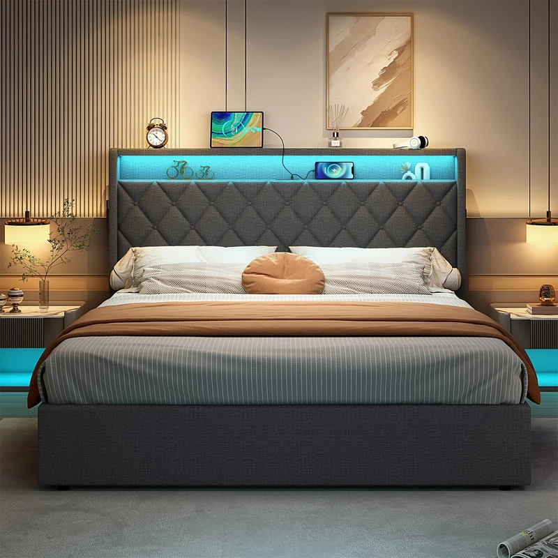 Ball & Cast 5ft King Upholstered Bed Frame with Hydraulic Storage, Linen Ottoman Bed with LED Lighting, Button Tufted Storage Headboard with Charging Station, No Box Spring Needed, Grey (No Mattress)