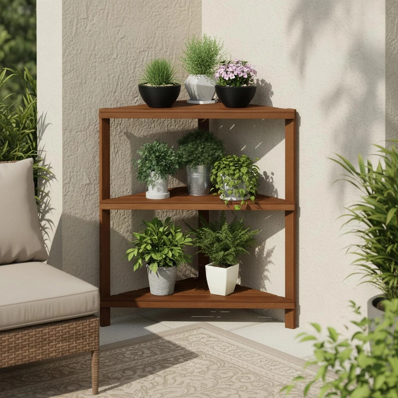 Furinno TIOMAN Plant Stand Outdoor, 3-Tier Corner Plant Shelf, Tiered Plant Stand Indoor, Outdoor, Patio, Garden, Balcony, Light Wood