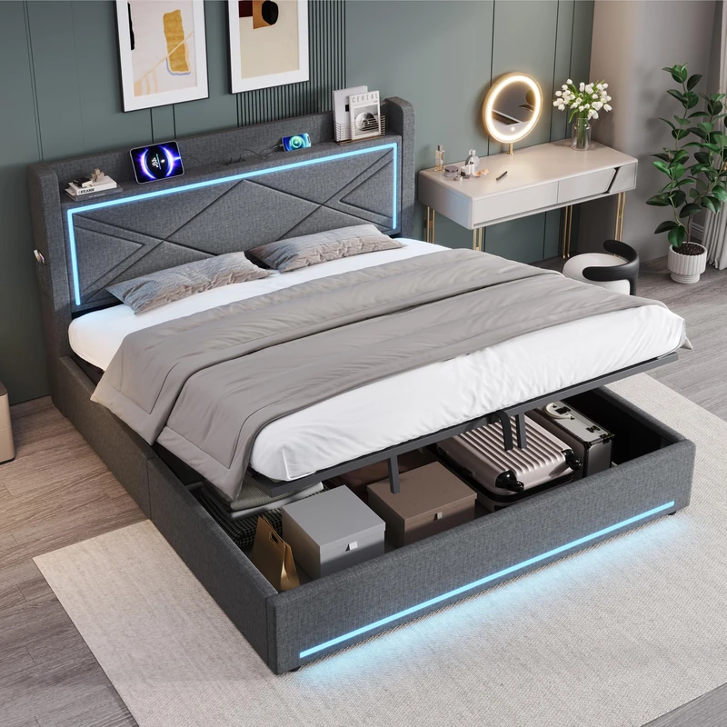 Ball & Cast 6ft Super King Upholstered Bed Frame with Hydraulic Storage, Linen Ottoman Bed with LED Lighting and Charging Station, USB and Type - C Ports, No Box Spring Needed, Grey (No Mattress)