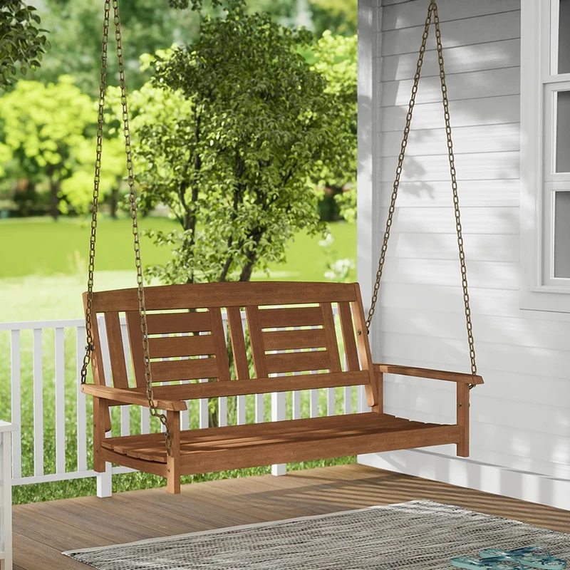 Furinno TIOMAN Porch Swing, Outdoor Hanging Wooden Swing with Chain, for Patio, Garden, Porch, Light Wood