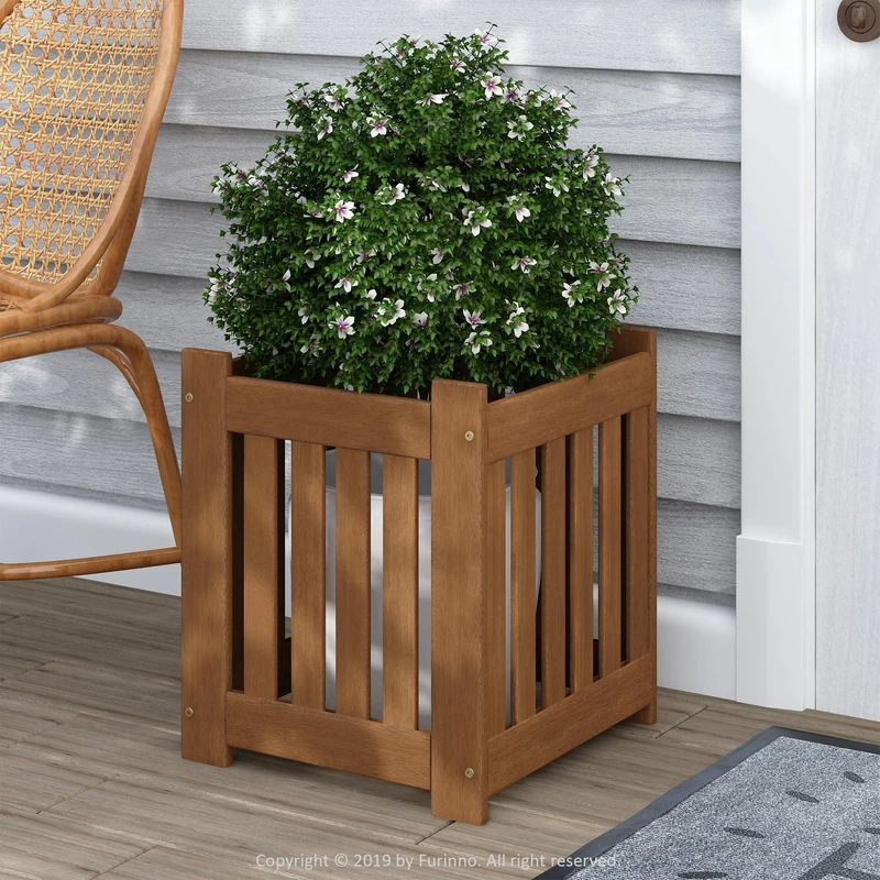 Furinno TIOMAN Planter Box, Hardwood Flower Box, Cube Garden Box, in Teak Oil, Outdoor Indoor, Garden, Patio, Balcony, Light Wood