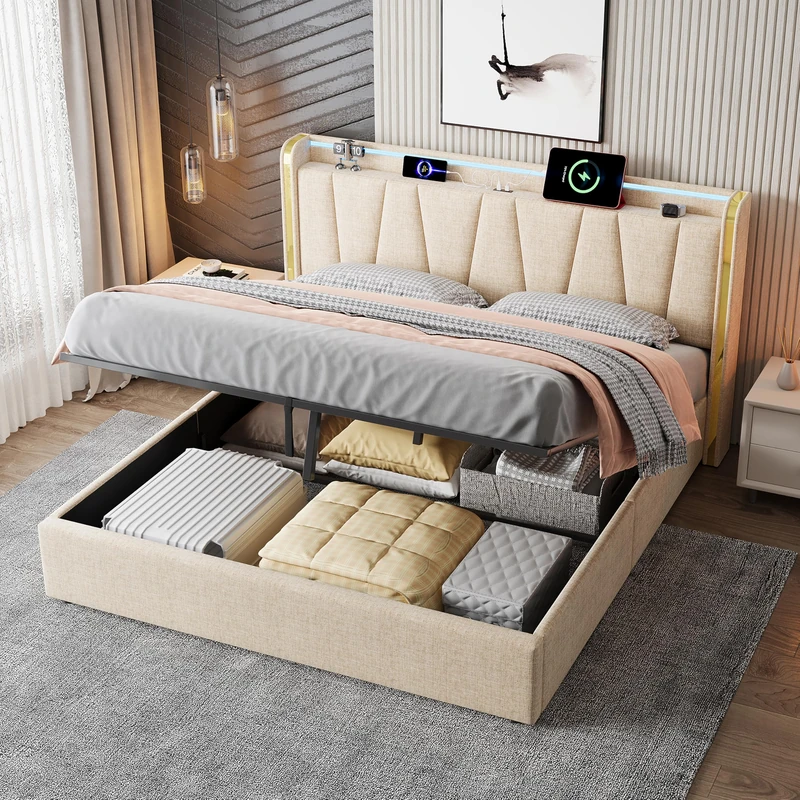 Ball & Cast 5ft King Upholstered Bed Frame with Hydraulic Storage, LED Headboard with Charging Station and Chrome Trim, USB and Type-C Ports, Linen, No Box Spring Needed, Beige (No Mattress)