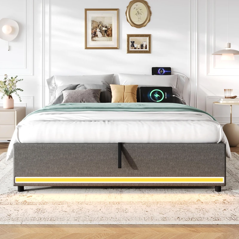 Ball & Cast 4ft6 Double Hydraulic Storage Bed, No Headboard Linen Bed Frame with APP Control LED Lights, Side Charging Station, Side Pockets, Grey (No Mattress) - Image 1