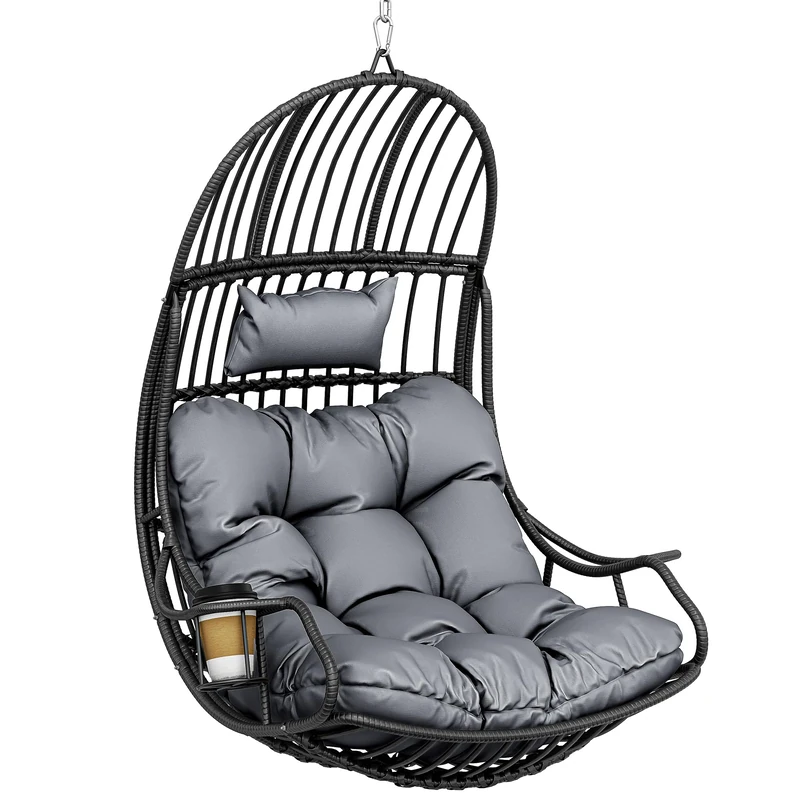 YITAHOME Hanging Egg Swing Chair Max. load 150 kg Rattan Egg Chair Indoor Outdoor Hammock Egg Chair with Cushions & Cup Holder for Patio, Bedroom, Garden and Balcony, Gray - Image 1