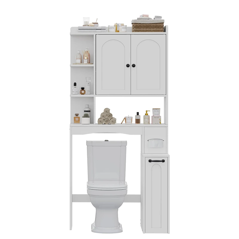 Feonase Over Toilet Storage Unit, White Toilet Storage Cabinets with Toilet Paper Holder, Doors & Adjustable Shelves, Pulley Small Storage Cabinet for Bathroom, Restroom, Laundry, 36x 80x171.5cm