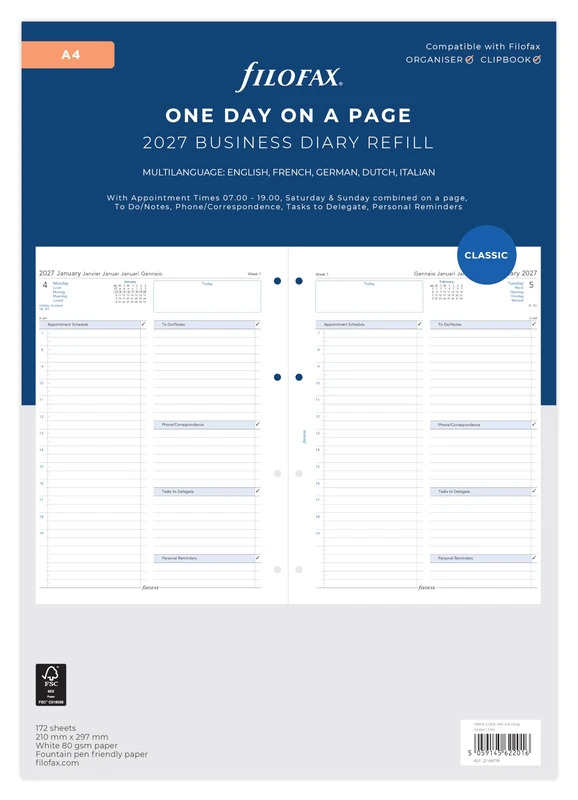 Filofax A4 Day per page 5 language appointments 2027 diary 27-68719