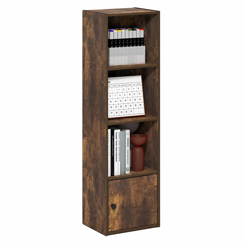 Furinno LUDER 4-Tier Bookshelf with Open Shelf, Standing Bookcase with 1 Door Cabinet, 23.6 x 30.5 x 106.2 cm, for Organization and Storage, for Living Room, Bedroom, Home Office, Amber Pine