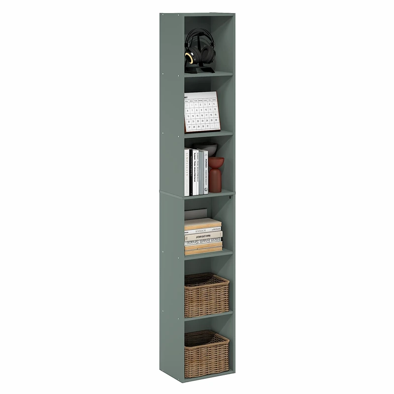 Furinno LUDER Book Shelf, 6-Tier Tall Modern Bookshelf, Bookcase with Open Shelving, Floor Standing Shelves, 23.6 x 30.5 x 180.3 cm, for Living Room, Bedroom, Home Office, Sage Green