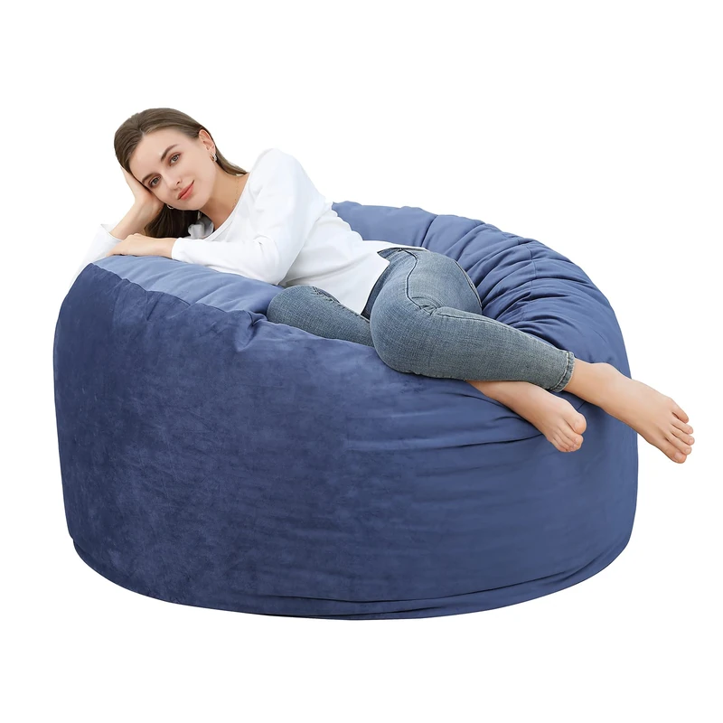 Giant Bean Bag Chair in Ribbed Velour, 1 Seater Lazy Sofa in Foam Padding, Removable and Washable Cover, 1 Seater Armchairs for Bedroom, Living Room, Study (122 x 122 x 72 cm, Blue) - Image 1