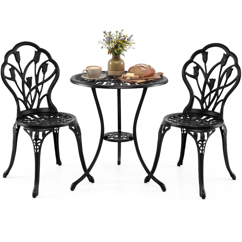 GiantexUK 3PCS Outdoor Bistro Set, Garden Round Cast Aluminum Table with Umbrella Hole and 2 Chairs, Patio Dining Furniture Set for Backyard Balcony Poolside (Tulip Pattern)