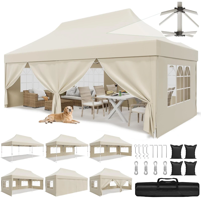 JUMMICO 3x6m Heavy Duty Pop Up Gazebo with Sides, Patented Peaked Roof Waterproof Windproof Garden Gazebo, 10cm Extra Height Canopy for Party Wedding Camping Commercial Events - Beige