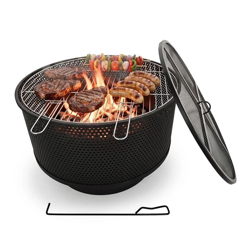 Relaxdays Fire Bowl, Ø 61 cm, with grill grate, spark guard & poker, 3-in-1 garden fire pit, black