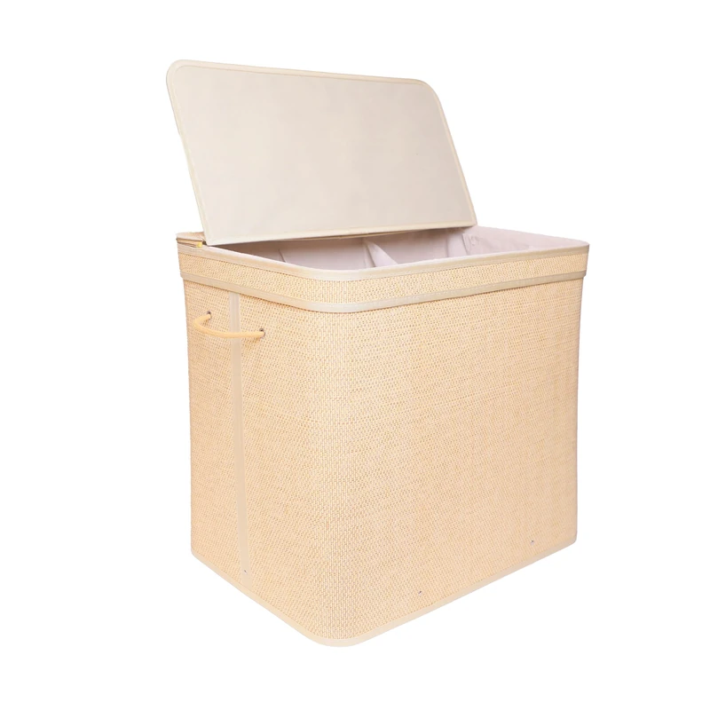 Relaxdays Laundry Hamper with Lid, Bamboo, 170 l, 3 compartments, HxWxD: 61 x 67 x 44 cm, Bathroom Hamper, Natural - Image 1