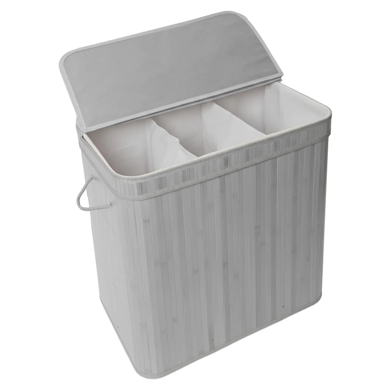 Relaxdays Laundry Hamper with Lid, Bamboo, 150 L, 3 Compartments, HxWxD: 61.5 x 61 x 41.5 cm, Grey