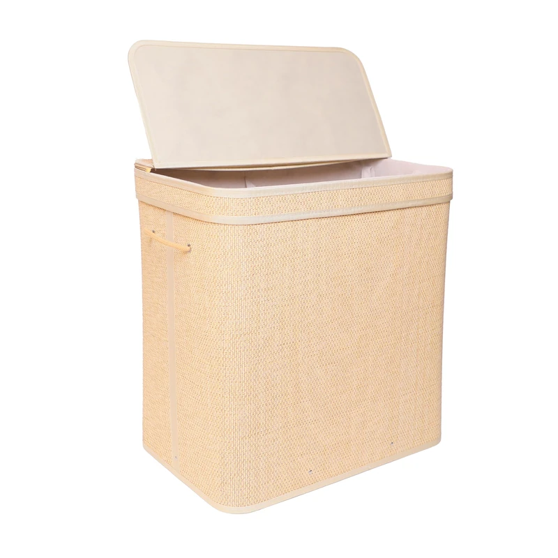 Relaxdays Laundry Hamper with Lid, Bamboo, 130 l, 2 internal compartments, HxWxD: 61 x 58 x 39 cm, Bathroom, Natural
