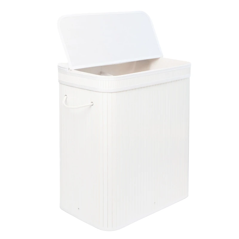 Relaxdays Laundry Basket with Lid, Bamboo, 100 l, 2 compartments, HxWxD: 63 x 52 x 32 cm, Bathroom, white