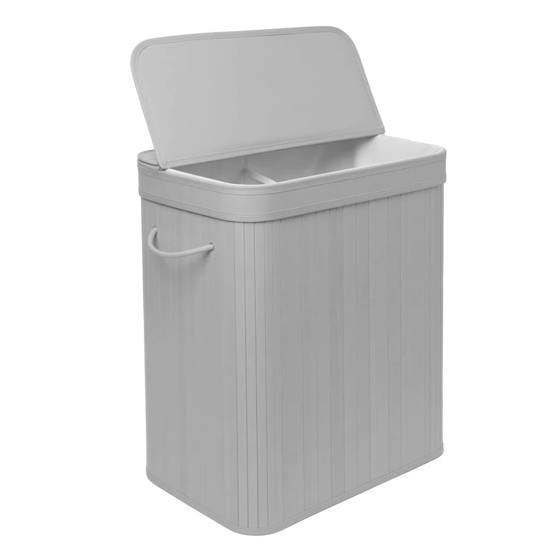 Relaxdays Laundry Hamper with Lid, Bamboo, 100 l, 2 compartments, HxWxD: 63 x 52 x 32 cm, Bathroom, Grey
