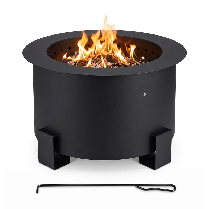 Relaxdays smokeless fire bowl, steel, HxØ 34x56 cm, double-walled, with poker, black - Image 1