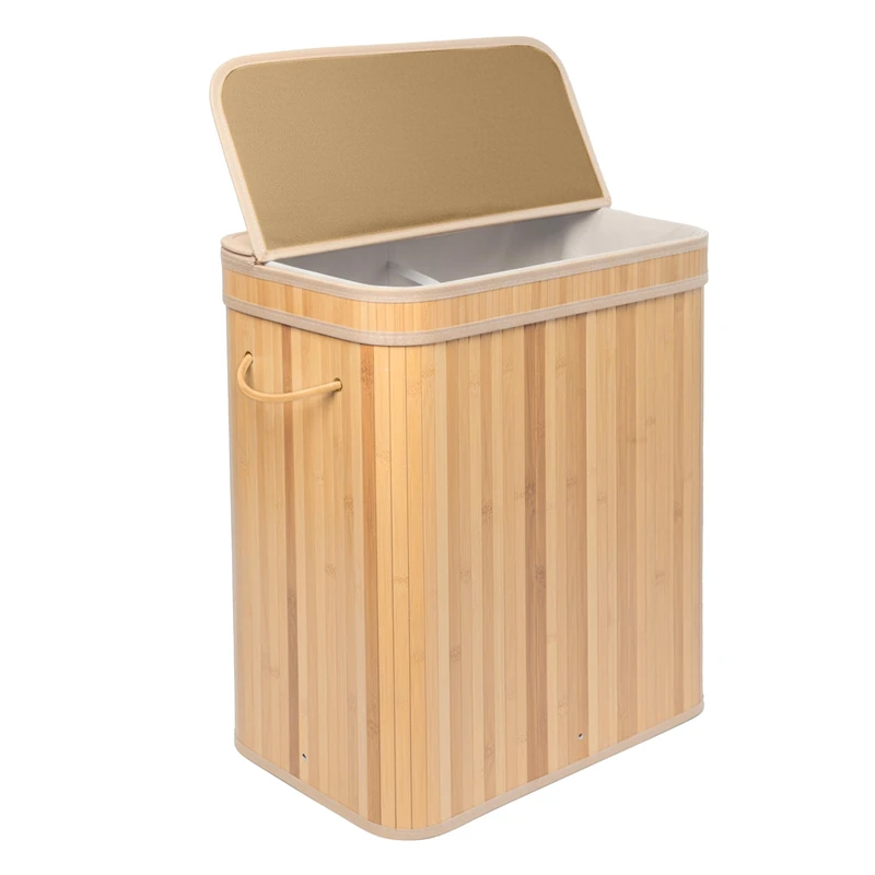 Relaxdays Laundry Basket with Lid, Bamboo, 100 L, 2 compartments, HxWxD: 63 x 52 x 32 cm, Bathroom Laundry Bin, Natural