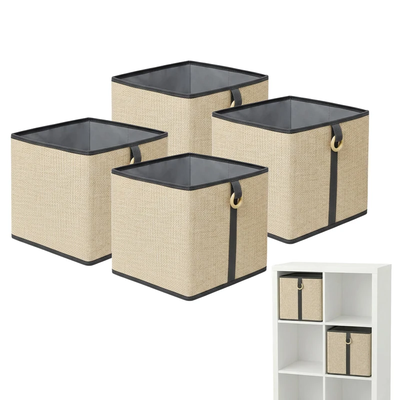 Relaxdays Storage Basket Set of 4, Bamboo & Fabric, Shelf Basket with Handle, H x W x D 30 x 30 x 30 cm, Natural-Black