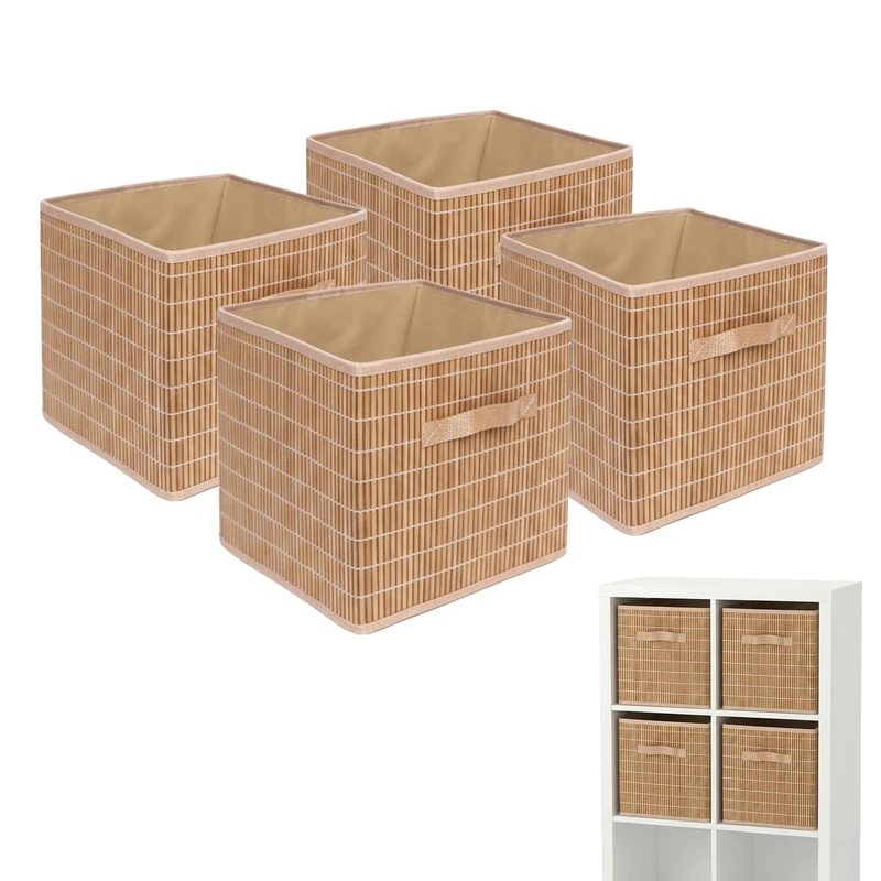Relaxdays Storage Basket Set of 4, Bamboo & Fabric, Bathroom/Shelf with Handle, 28x28x28 cm, Foldable, Natural