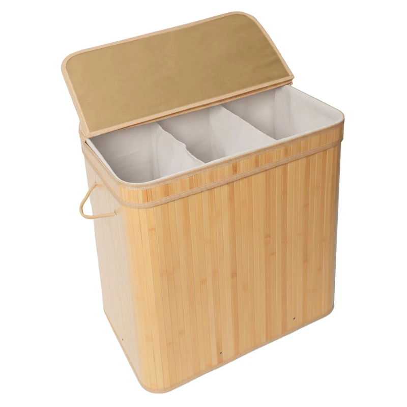 Relaxdays Laundry Hamper with Lid, Bamboo, 150 l, 3 Compartments, HxWxD: 61.5 x 61 x 41.5 cm, Bathroom, Natural