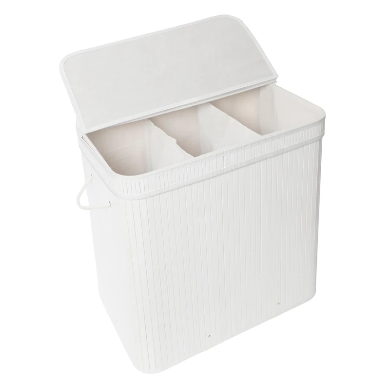Relaxdays Laundry Hamper with Lid, Bamboo, 150 L, 3 Compartments, HxWxD: 61.5 x 61 x 41.5 cm, White