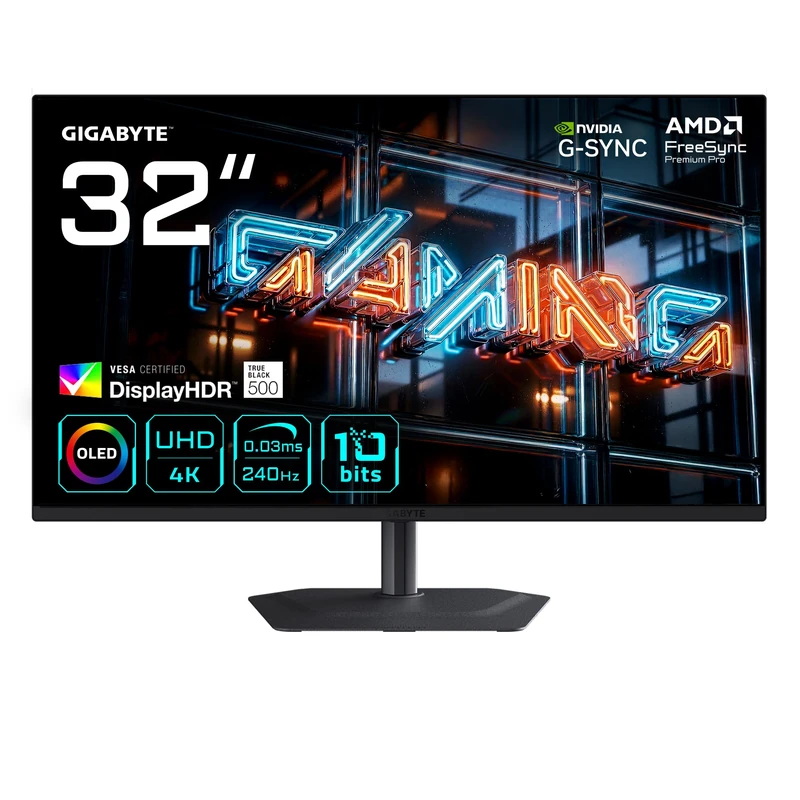 Gigabyte MO32U24 32” OLED 4K UHD Gaming Monitor - 3840 x 2160, 240Hz, 0.03ms, 300 cd/m², G-Sync Compatible, FreeSync Premium Pro, Display HDR True Black 500, HDMI 2.1, Displayport 1.4