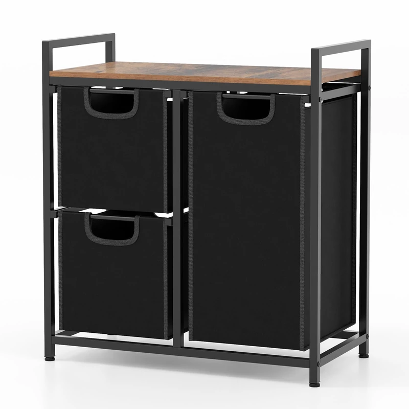 FANTASK Laundry Basket 3 Compartments, 75 L Laundry Box with 3 Removable Pockets & Metal Frame, Laundry Hamper with Shelf, Laundry Sorter Extendable for Laundry Room, Bathroom (Brown)