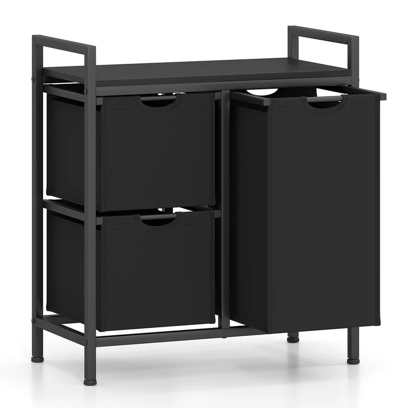 FANTASK Laundry Basket 3 Compartments, 75 L Laundry Box with 3 Removable Pockets & Metal Frame, Laundry Hamper with Shelf, Laundry Sorter Extendable for Laundry Room, Bathroom (Black)