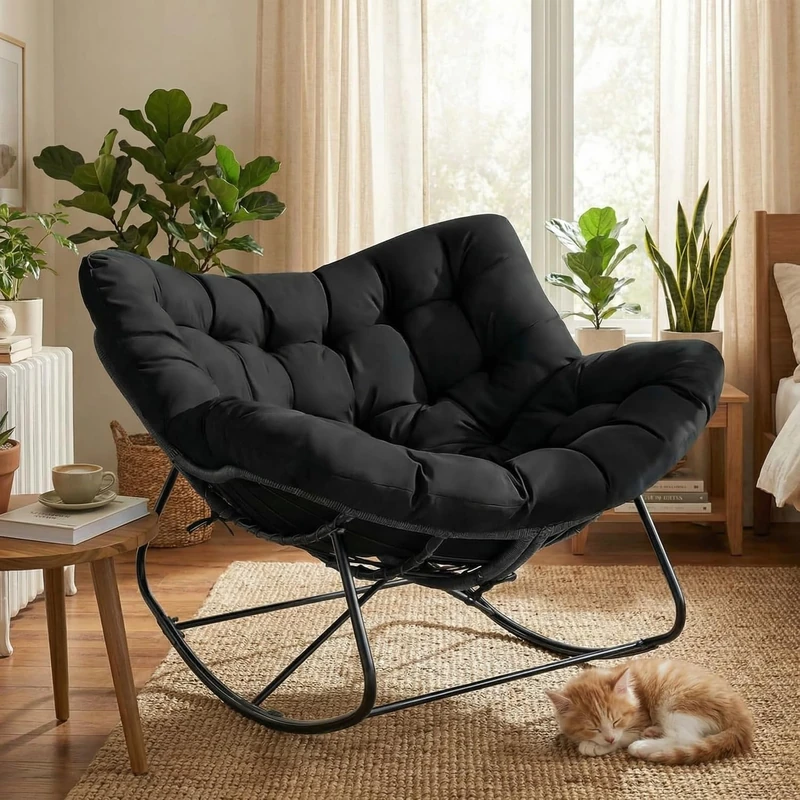 Clevich Egg Chair Oversized Rattan Rocking Chair, 110x102x72cm 150kg Load Capacity Wicker Lounger with Waterproof Removable Cushion & Straps, Metal Frame, Indoor Outdoor for Garden Balcony Apartment