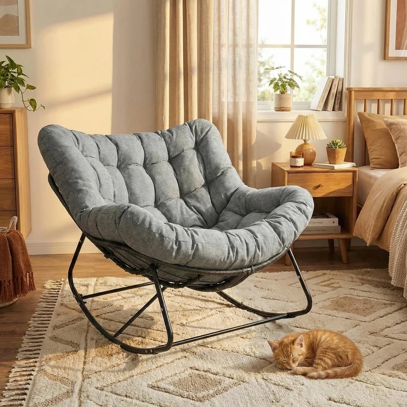 Egg Chair Oversized Rattan Rocking Chair, 110x102x72cm 150kg Load Capacity Wicker Lounger with Waterproof Removable Cushion & Straps, Metal Frame, Indoor Outdoor for Garden Balcony Apartment (Grey)