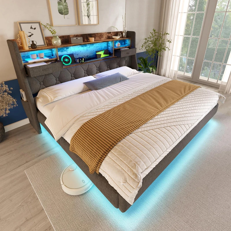 Ball & Cast 6ft Floating Super King Bed Frame 180×200CM with LED Lights & Charging Station, Metal Platform Bed frame with Upholstered Headboard, Easy Assembly, Noise Free, No Box Spring Needed,Grey