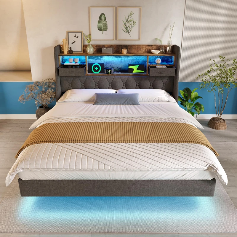 Ball & Cast 5ft Floating King Bed Frame 150×200CM with LED Lights & Charging Station, Metal Platform Bed frame with Upholstered Headboard, Easy Assembly, Noise Free, No Box Spring Needed,Grey Linen