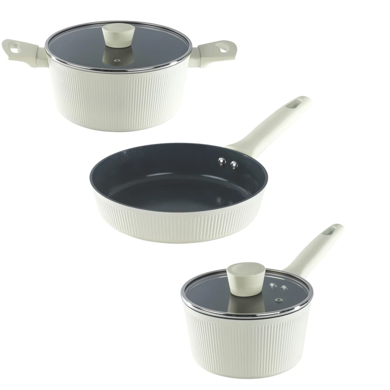 Russell Hobbs Côte Ceramic Pan Set – 24cm Stockpot with Lid, 20cm Frying Pan & 16cm Saucepan, PFAS-Free Non-Stick, Forged Aluminium, Soft-Touch Handles, Induction Compatible, Cream - Image 1
