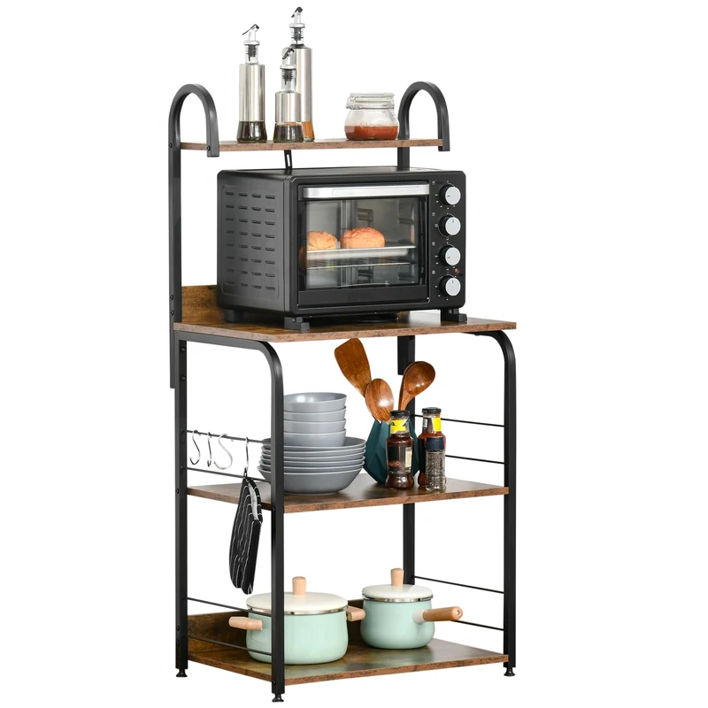 HOMCOM 4-Tier Baker's Rack with Storage, Microwave Stand with 4 Hooks for Small Spaces, Kitchen Storage Unit for Spices, Pots and Pans, Rustic Brown - Image 1