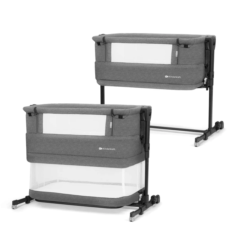 Kinderkraft NESTEE GROW 2 3 in 1 bedside crib, baby cot, toddler bed, 5 height levels, mattress included, telescopic legs, lockable wheels, foldable, with carry bag, Dark Grey - Image 1
