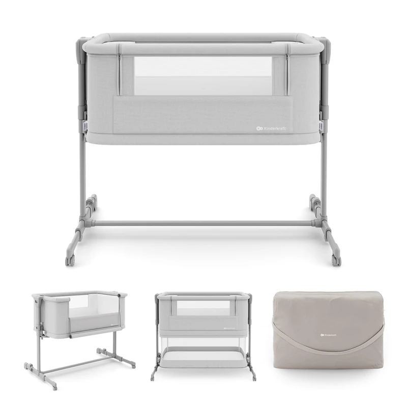 Kinderkraft NESTEE GROW 2 3 in 1 bedside crib, baby cot, toddler bed, 5 height levels, mattress included, telescopic legs, lockable wheels, foldable, with carry bag, Light Grey