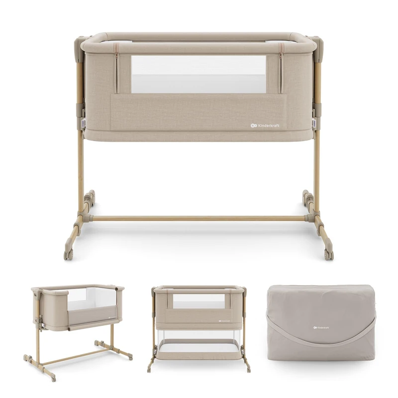 Kinderkraft NESTEE GROW 2 3 in 1 bedside crib, baby cot, toddler bed, 5 height levels, mattress included, telescopic legs, lockable wheels, foldable, with carry bag, Beige - Image 1