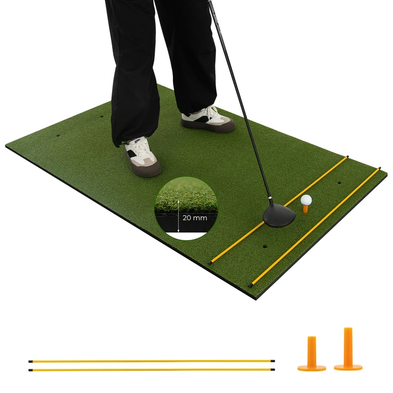 GYMAX 5FT x 3FT/4FT Golf Hitting Mat, Artificial Turf Grass Mat with 2 Rubber Tees & 2 Golf Alignment Stick, Indoor Outdoor Golf Stance Mat for Driving & Chipping Practice (20mm thick, 152 x 117cm)